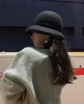202301-junxian winter dropshipping шерстяной фетр Винтажная элегантность Корейский маленький бантик женская шапочка-ведро женская шляпа для отдыха