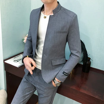 Новинка (блейзер + брюки), мужская модная деловая корейская версия джентльменского повседневного комплекта из 2 предметов в британском стиле со стоячим воротником Zhongshan