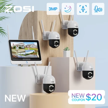 ZOSI 2K Беспроводная Система видеонаблюдения 12,5-дюймовый ЖК-монитор 3MP HD PTZ Wifi IP-камеры 8CH All-in-One Комплект Видеонаблюдения